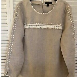 J crew tan linen fringe Pom Pom bracelet sleeve top